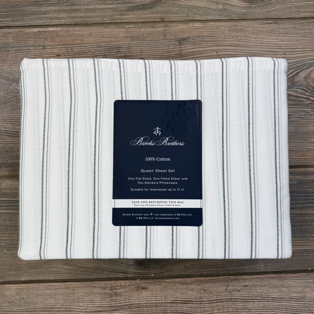 Brooks Brothers Queen Sheet Set White Grey Striped 100% Cotton 4pc New